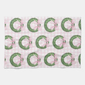 ピンク名門私立校風のギンガムボウ付きリース キッチンタオル (横)