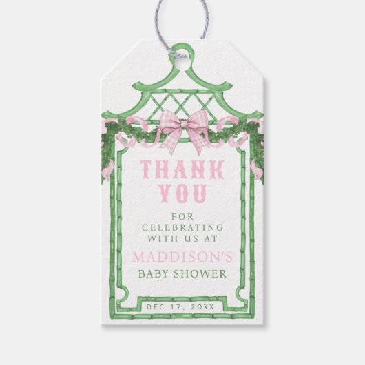 ピンク名門私立校風のギンガムボウ付きリース | 赤ちゃんシャワー ギフトタグ (正面)