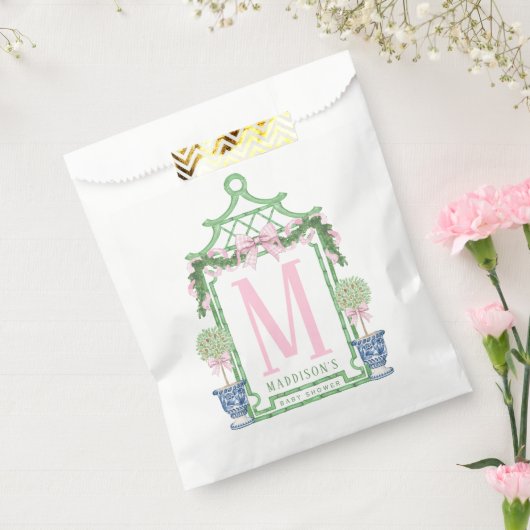 ピンク名門私立校風のギンガムボウ付きリース | 赤ちゃんシャワー フェイバーバッグ (封をした状態)