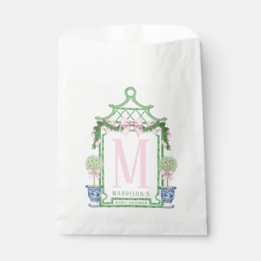 ピンク名門私立校風のギンガムボウ付きリース | 赤ちゃんシャワー フェイバーバッグ (正面)