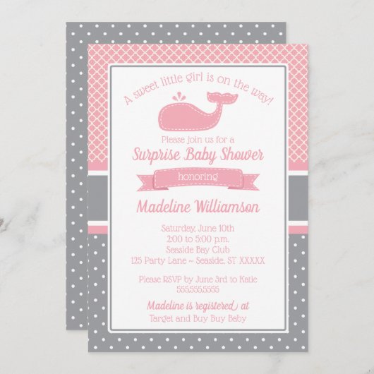 ピンク名門私立校風のクジラベビーシャワー招待状 招待状 (正面/裏面)