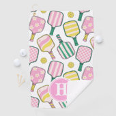 ピンク名門私立校風のグリーンイエローピックボールモノグラムタオル ゴルフタオル (インサイチュ)