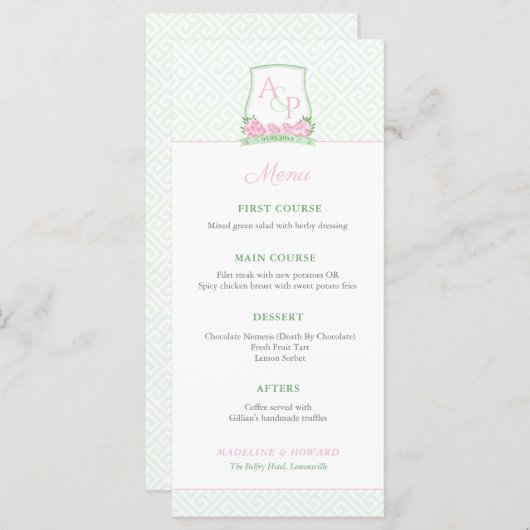 ピンク名門私立校風のグリーンカップルズクレストウェディングシャワー メニュー (正面/裏面)