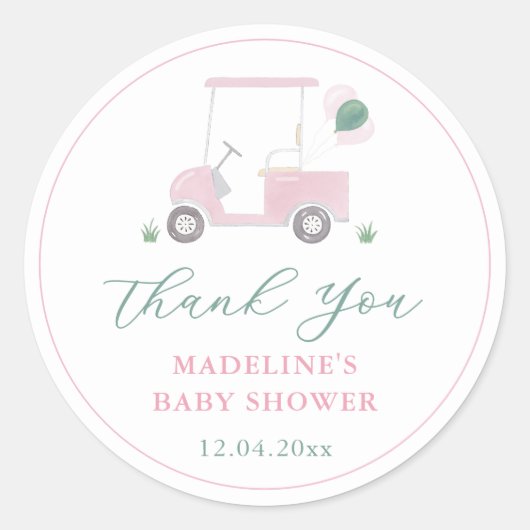 ピンク名門私立校風のグリーンゴルフカート赤ちゃん女の子シャワーの好意 ラウンドシール (正面)