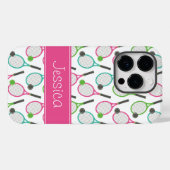 ピンク名門私立校風のグリーンティール（緑がかった色）テニスパターパーソナライズされたン Case-Mate iPhoneケース (裏面 (横))