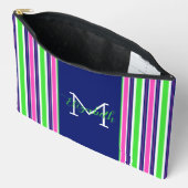 ピンク名門私立校風のグリーンネイビーブルーストライプモノグラム アクセサリーポーチ (見開き)