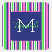 ピンク名門私立校風のグリーンネイビーブルーストライプモノグラム スクエアシール (正面)