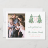 ピンク名門私立校風のグリーンモノグラムメリークリスマスフォト シーズンカード (正面)