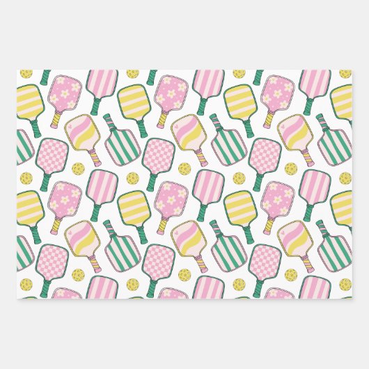 ピンク名門私立校風のグリーン&イエローピックボールパドル ラッピングペーパーシート (正面2)