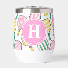 ピンク名門私立校風のグリーン&イエローピックボールモノグラム