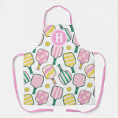 ピンク名門私立校風のグリーン&イエローピックボールモノグラム エプロン (正面)
