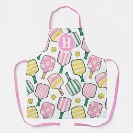 ピンク名門私立校風のグリーン&イエローピックボールモノグラム エプロン (正面)