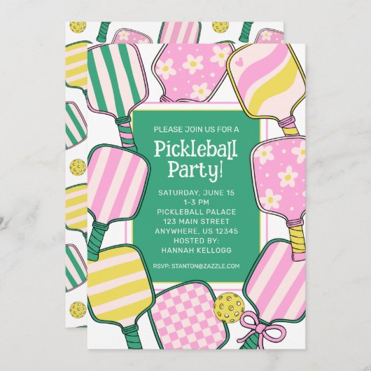 ピンク名門私立校風のグリーン&イエローピックボール 招待状 (正面/裏面)