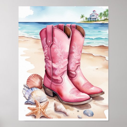 ピンク名門私立校風のコースト女性のカーボーイブーツサンド海ビーチ ポスター (正面)