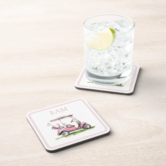 ピンク名門私立校風のゴルフカートのモノグラム コースター (右側)