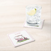 ピンク名門私立校風のゴルフカートのモノグラム スクエアペーパーコースター (インサイチュ)