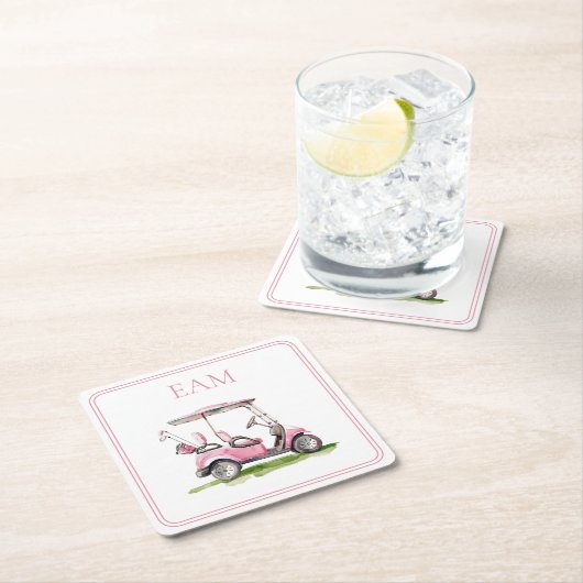 ピンク名門私立校風のゴルフカートのモノグラム スクエアペーパーコースター (インサイチュ)
