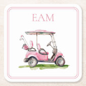 ピンク名門私立校風のゴルフカートのモノグラム スクエアペーパーコースター (正面)
