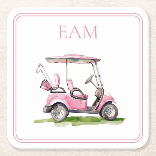 ピンク名門私立校風のゴルフカートのモノグラム スクエアペーパーコースター (正面)