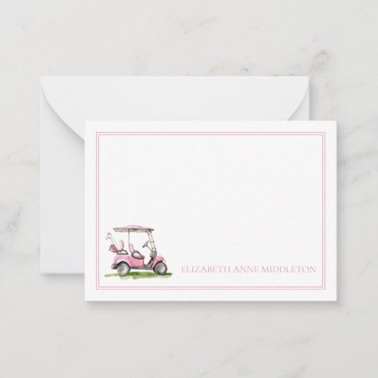 ピンク名門私立校風のゴルフカートのモノグラム ノートカード (正面)