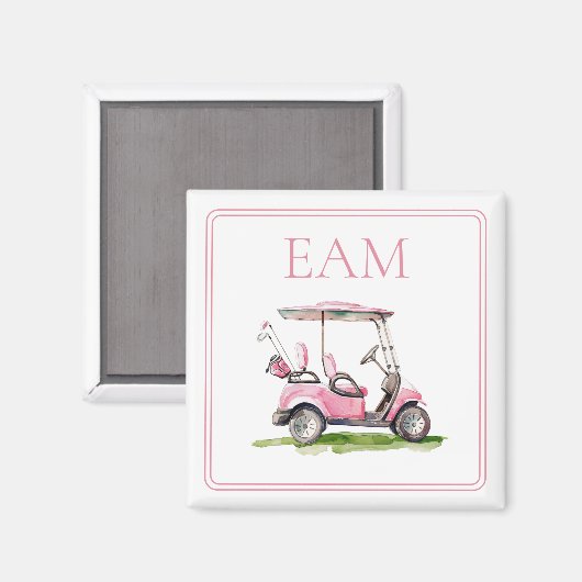 ピンク名門私立校風のゴルフカートのモノグラム マグネット (正面/裏面)