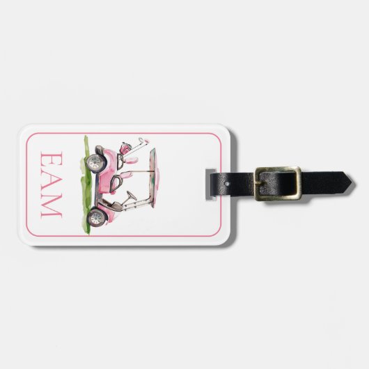 ピンク名門私立校風のゴルフカートのモノグラム ラゲッジタグ (正面横)