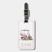 ピンク名門私立校風のゴルフカートのモノグラム ラゲッジタグ (正面縦)