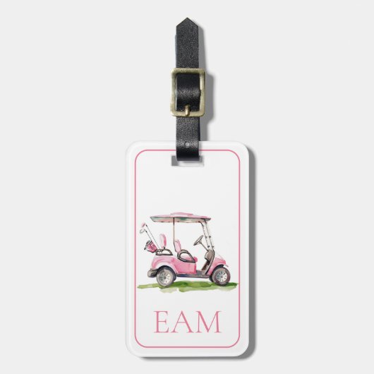 ピンク名門私立校風のゴルフカートのモノグラム ラゲッジタグ (正面縦)