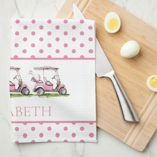 ピンク名門私立校風のゴルフカートオン水玉模様パーソナライズされた キッチンタオル (四つ折り)