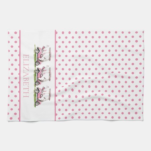 ピンク名門私立校風のゴルフカートオン水玉模様パーソナライズされた キッチンタオル (横)