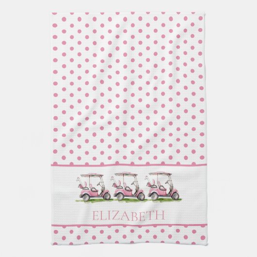ピンク名門私立校風のゴルフカートオン水玉模様パーソナライズされた キッチンタオル (縦)
