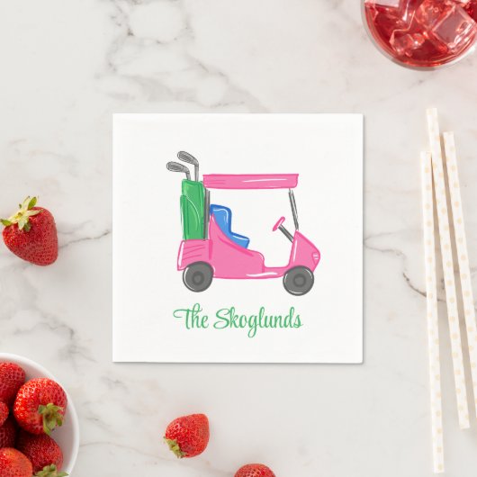 ピンク名門私立校風のゴルフカートパーソナライズされた スタンダードカクテルナプキン (インサイチュ)