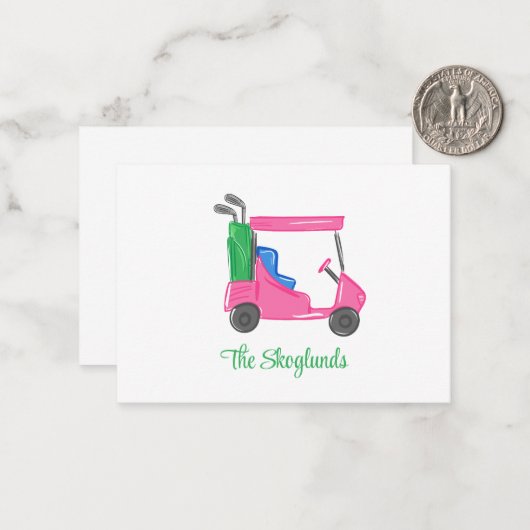 ピンク名門私立校風のゴルフカートパーソナライズされた ノートカード (正面/裏面インサイチュ)