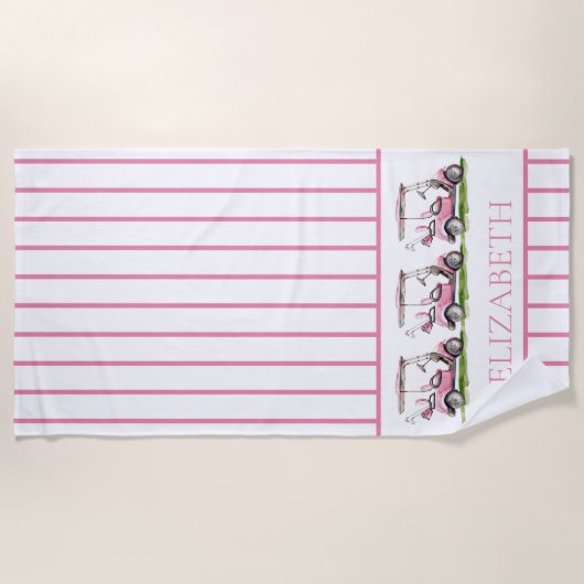 ピンク名門私立校風のゴルフカートパーソナライズされた ビーチタオル (正面)
