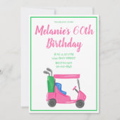 ピンク名門私立校風のゴルフカート誕生日パーティー 招待状 (正面)