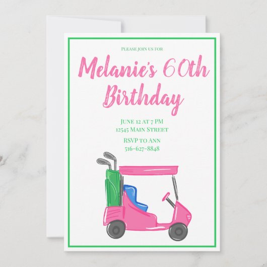 ピンク名門私立校風のゴルフカート誕生日パーティー 招待状 (正面)