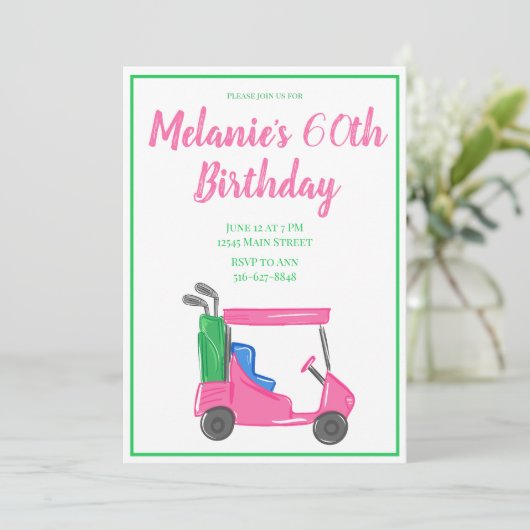 ピンク名門私立校風のゴルフカート誕生日パーティー 招待状 (スタンド正面)