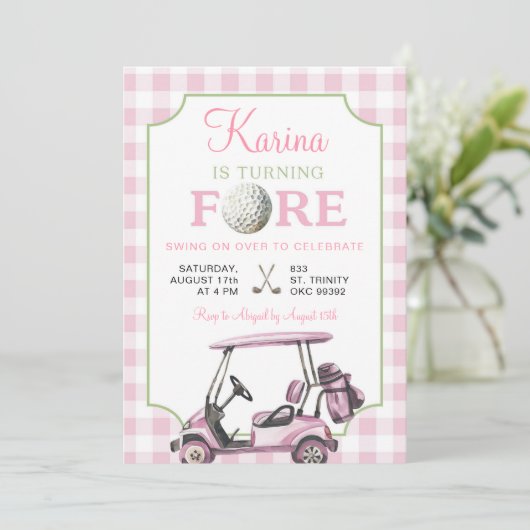 ピンク名門私立校風のゴルフガール4th誕生日招待状 招待状 (スタンド正面)