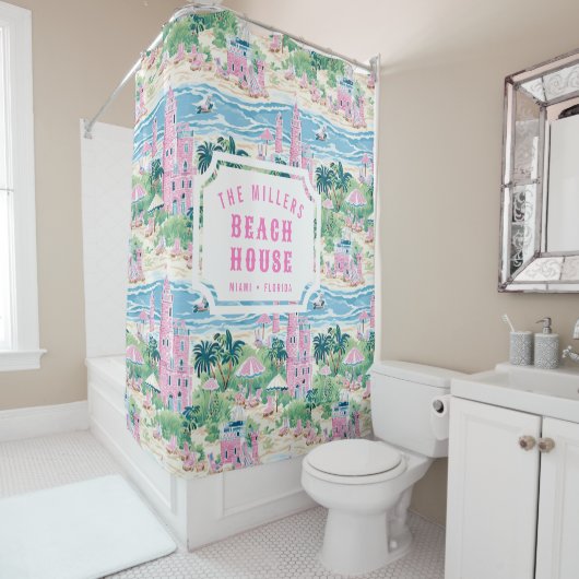ピンク名門私立校風のサンド城 |ビーチハウス シャワーカーテン (インサイチュ)