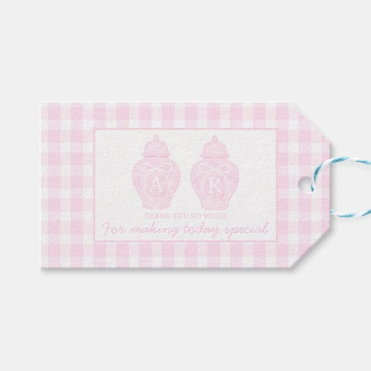 ピンク名門私立校風のジンジャージャールモノグラム誕生日 ギフトタグ (正面(横))