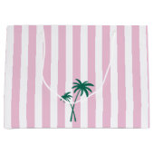 ピンク名門私立校風のストライプとヤシの木 ラージペーパーバッグ (正面)