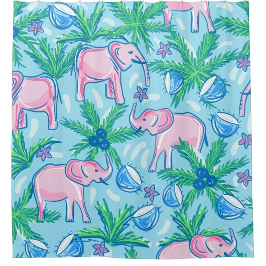 ピンク名門私立校風のゾウ熱帯産 シャワーカーテン (正面)