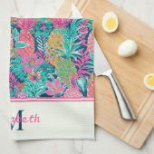 ピンク名門私立校風のティール（緑がかった色）ネイビーブルーパイナップルモノグラム キッチンタオル (四つ折り)