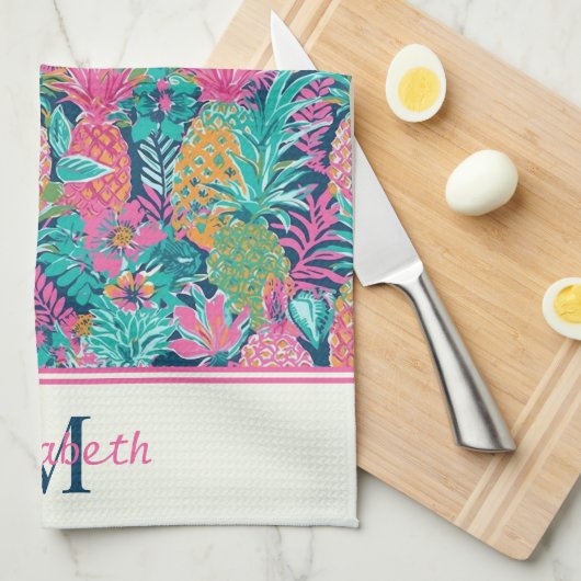 ピンク名門私立校風のティール（緑がかった色）ネイビーブルーパイナップルモノグラム キッチンタオル (四つ折り)