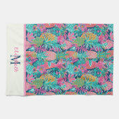 ピンク名門私立校風のティール（緑がかった色）ネイビーブルーパイナップルモノグラム キッチンタオル (横)