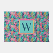 ピンク名門私立校風のティール(緑がかった色)ネイビーブルーパイナップルモノグラム ドアマット (正面)