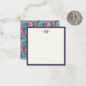 ピンク名門私立校風のティール(緑がかった色)ネイビーブルーパイナップルモノグラム ノートカード (正面/裏面インサイチュ)