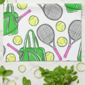 ピンク名門私立校風のテニスラケットグリーンパターン キッチンタオル (折り畳み)