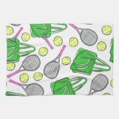 ピンク名門私立校風のテニスラケットグリーンパターン キッチンタオル (横)