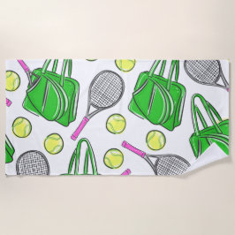 ピンク名門私立校風のテニスラケットグリーンパターン ビーチタオル